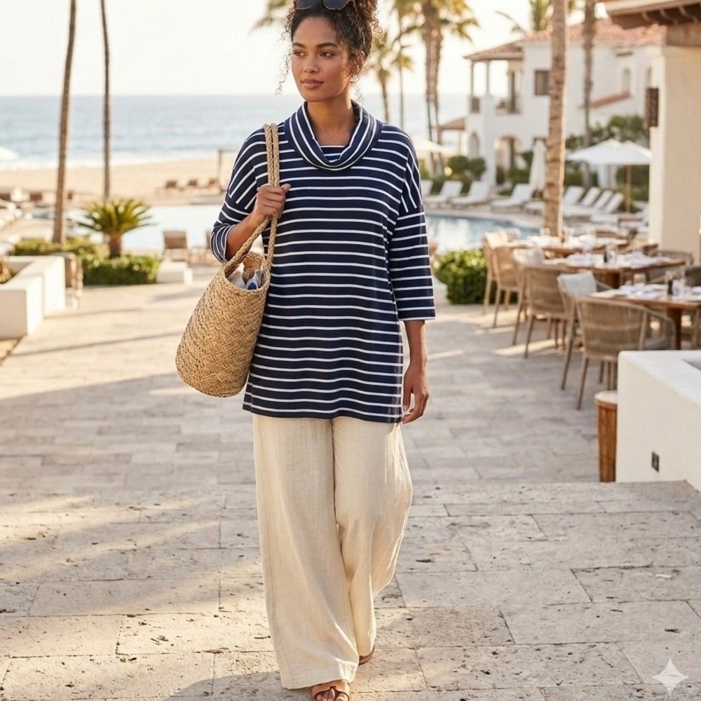 Loft Outlet Nautical Lounge Cowl Neck Tunic Navy Blue Striped Pullover M